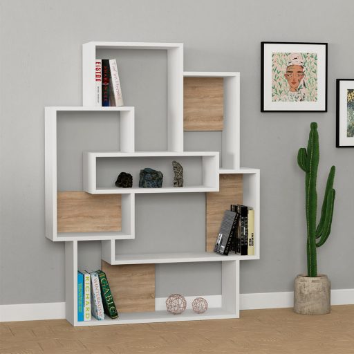 Raft asimetric modern 132x101x22cm alb-stejar