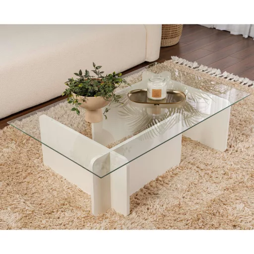 Masă de cafea cu blat din sticlă securizată 105x30x65cm, Alb