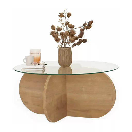 Masă de cafea rotundă cu blat din sticlă securizată 75x35x75cm, Stejar