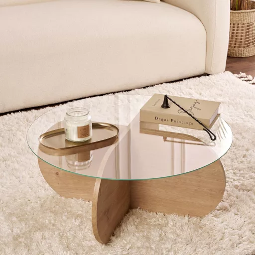 Masă de cafea rotundă cu blat din sticlă securizată 75x35x75cm, Stejar