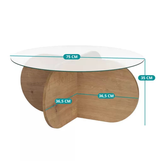 Masă de cafea rotundă cu blat din sticlă securizată 75x35x75cm, Stejar