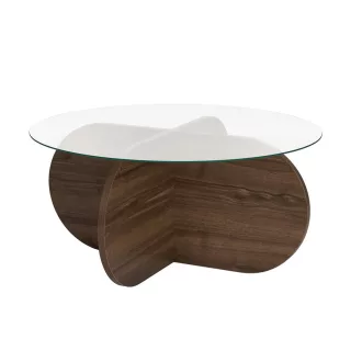   Masă de cafea rotundă cu blat din sticlă securizată 75x35x75cm, Nuc