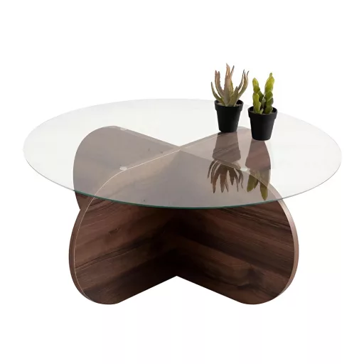 Masă de cafea rotundă cu blat din sticlă securizată 75x35x75cm, Nuc