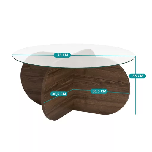 Masă de cafea rotundă cu blat din sticlă securizată 75x35x75cm, Nuc