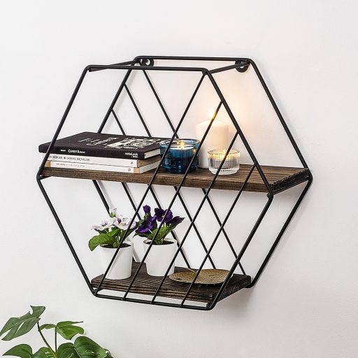 Raft Hexagonal Metalic 44x40x15cm, Negru-Nuc