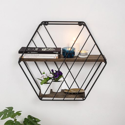 Raft Hexagonal Metalic 44x40x15cm, Negru-Nuc