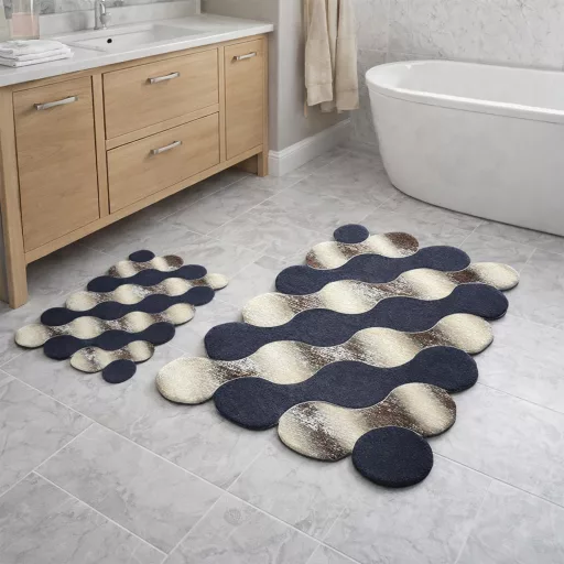 Set de covorașe pentru baie cu model de pietriș, albastru-auriu