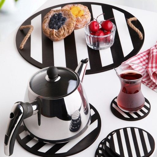 Set de Tavă și Suporturi pentru Cești, Negru și Alb