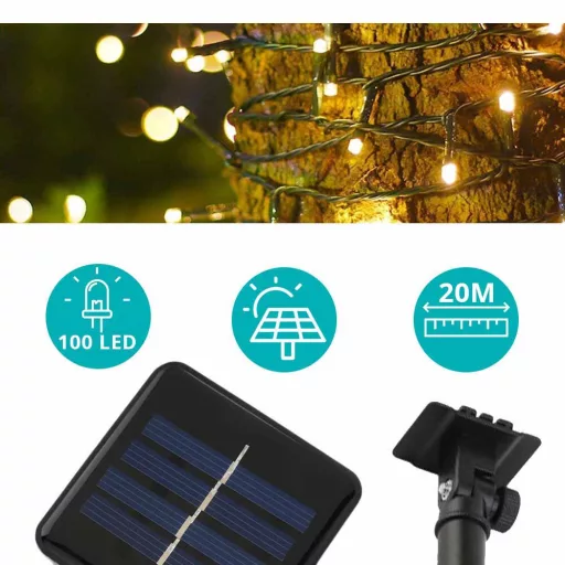 Ghirlanda luminoasa solara pentru gradina cu 100 LED, alb-cald, 20m