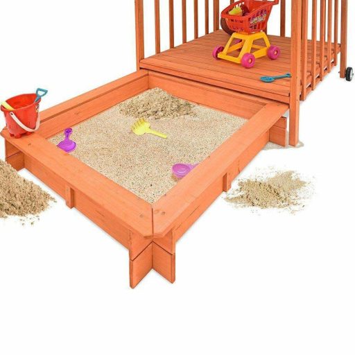 Casuta de joaca din lemn cu lada de nisip si acoperis parasolar