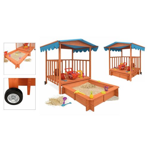 Casuta de joaca din lemn cu lada de nisip si acoperis parasolar