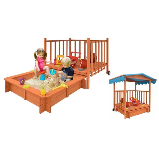 Casuta de joaca din lemn cu lada de nisip si acoperis parasolar