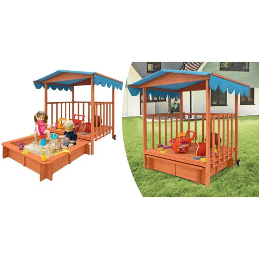 Casuta de joaca din lemn cu lada de nisip si acoperis parasolar