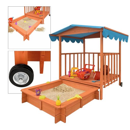 Casuta de joaca din lemn cu lada de nisip si acoperis parasolar