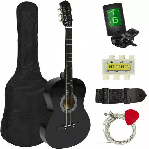 Set chitara acustica pentru incepatori, cu tuner cadou-negru