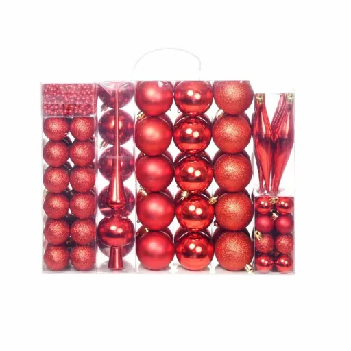 Set ornamente de brad, 112 piese-rosu