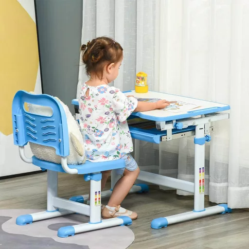 Birou multifunctional copii, inaltime reglabila, albastru