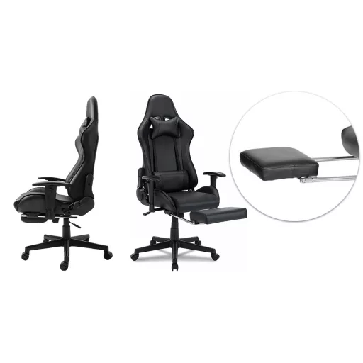Scaun gaming cu suport pentru picioare, negru