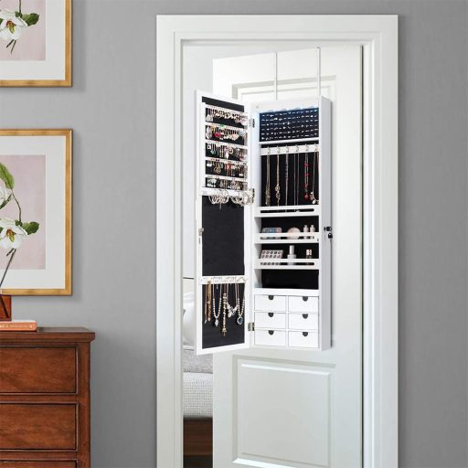 Suport bijuterii de perete cu oglinda si iluminare