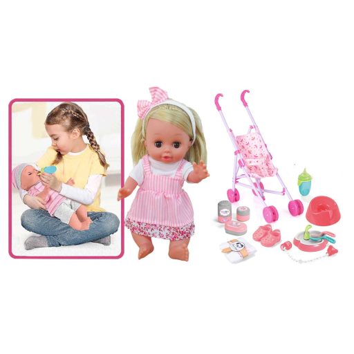 Papusa vorbitoare cu carucior si accesorii