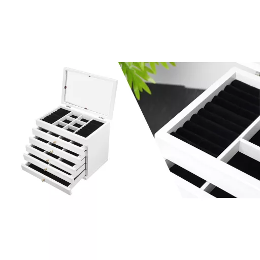 Cutie de bijuterii cu 6 compartimente, alb