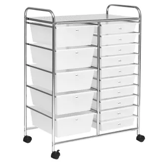 Carucior de depozitare cu roti cu 15 sertare-alb