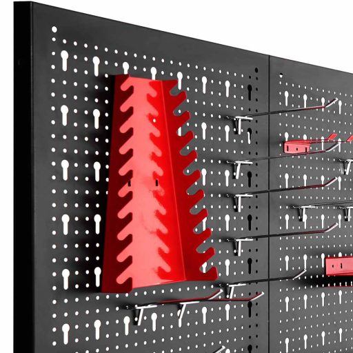Panou metalic de perete pentru unelte cu carlige si rafturi