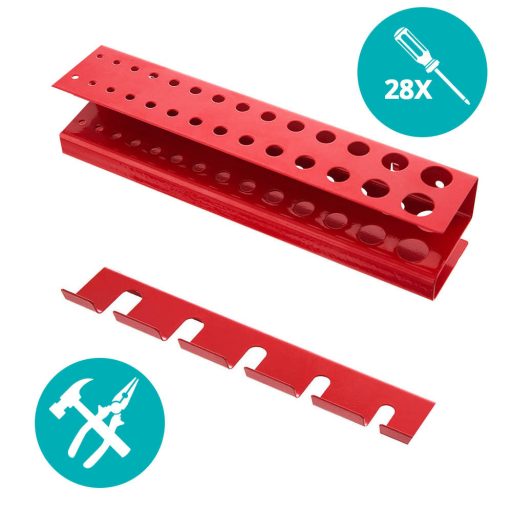 Panou metalic de perete pentru unelte cu carlige si rafturi