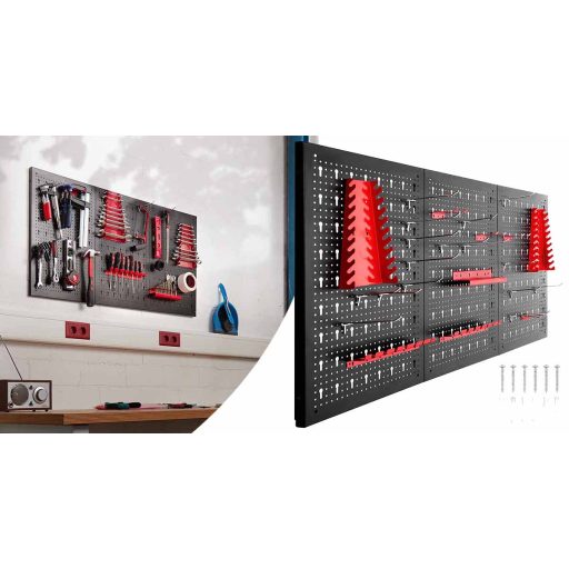 Panou metalic de perete pentru unelte cu carlige si rafturi