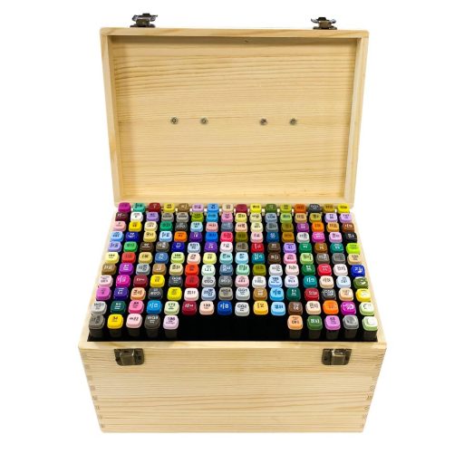 Set de 170 markere cu doua varfuri in cutie de lemn cadou, pictabila