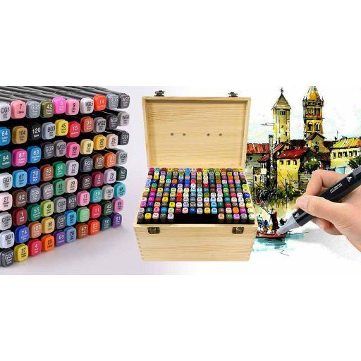 Set de 170 markere cu doua varfuri in cutie de lemn cadou, pictabila