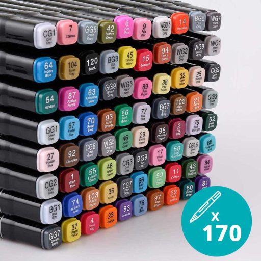 Set de 170 markere cu doua varfuri in cutie de lemn cadou, pictabila