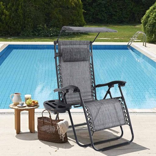 Scaun gravitatie zero cu parasolar si suport pentru pahar, 2 buc- gri