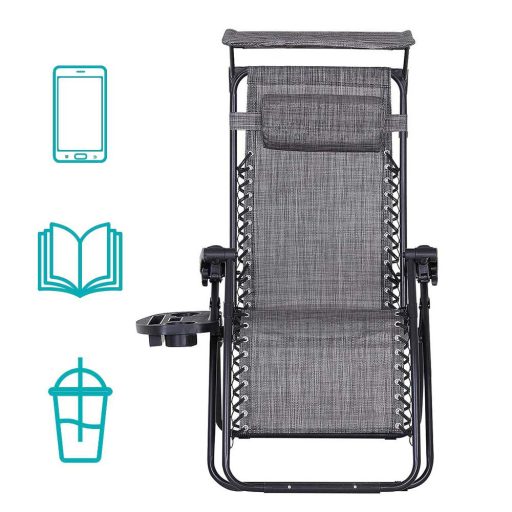 Scaun gravitatie zero cu parasolar si suport pentru pahar, 2 buc- gri