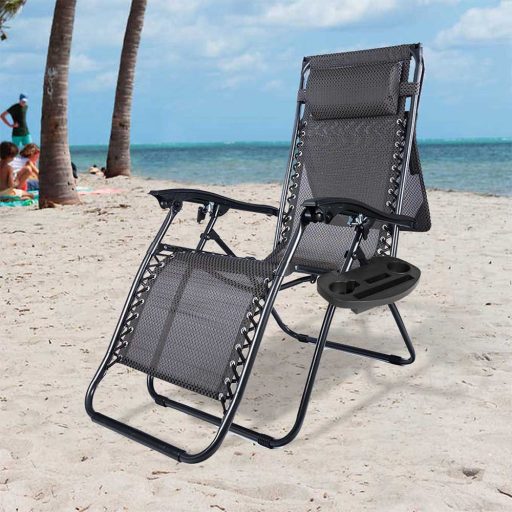 Scaun gravitatie zero cu parasolar si suport pentru pahar, 2 buc-negru