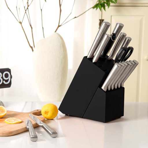 Set cutite din otel inoxidabil,16 piese, cu suport din lemn, ascutitoare si foarfece