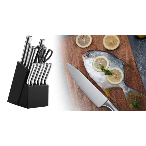 Set cutite din otel inoxidabil,16 piese, cu suport din lemn, ascutitoare si foarfece