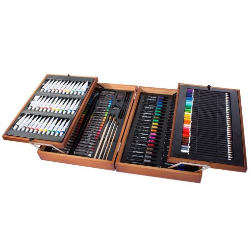 Set de pictura si desen de 174 piese, in cutie practica de cadou din lemn
