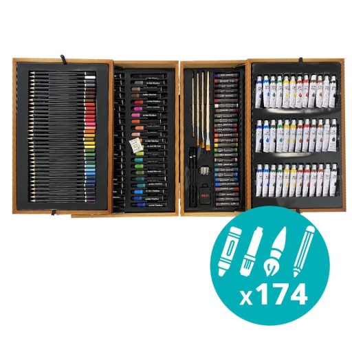 Set de pictura si desen de 174 piese, in cutie practica de cadou din lemn