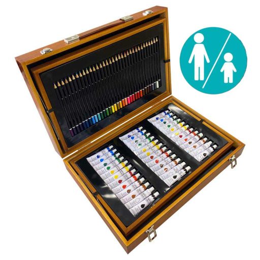 Set de pictura si desen de 174 piese, in cutie practica de cadou din lemn