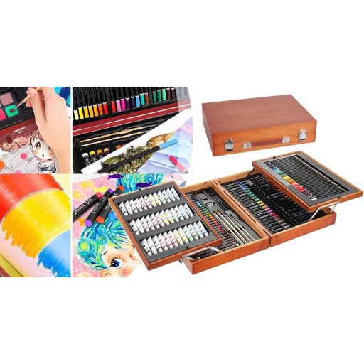 Set de pictura si desen de 174 piese, in cutie practica de cadou din lemn