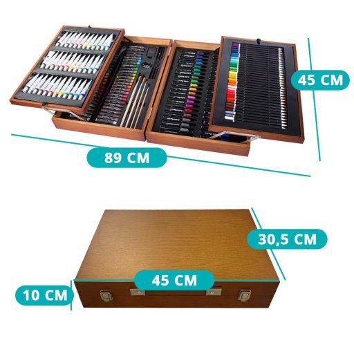 Set de pictura si desen de 174 piese, in cutie practica de cadou din lemn
