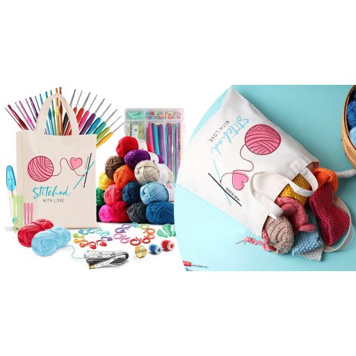 Trusa de crosetat cu fire colorate si accesorii, in geanta de umar