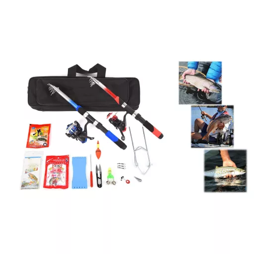 Echipament pescuit pentru incepatori cu 2 undite telescopice si accesorii