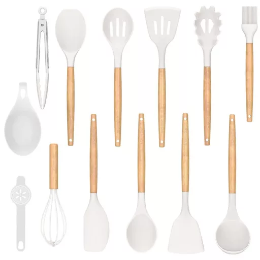 Set ustensile de bucatarie 14 piese, cu cap din silicon termorezistent si suport, alb