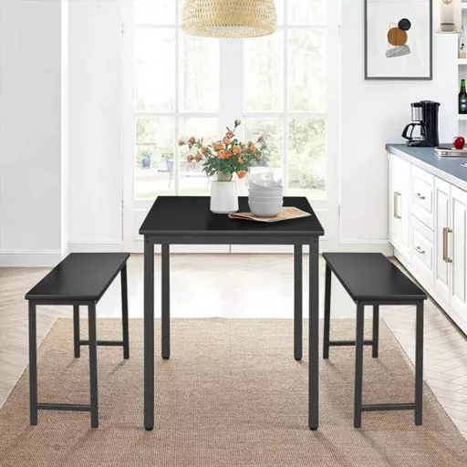 Set de dining cu cadru metalic, 3 piese, cu 2 bănci