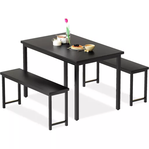 Set de dining cu cadru metalic, 3 piese, cu 2 bănci