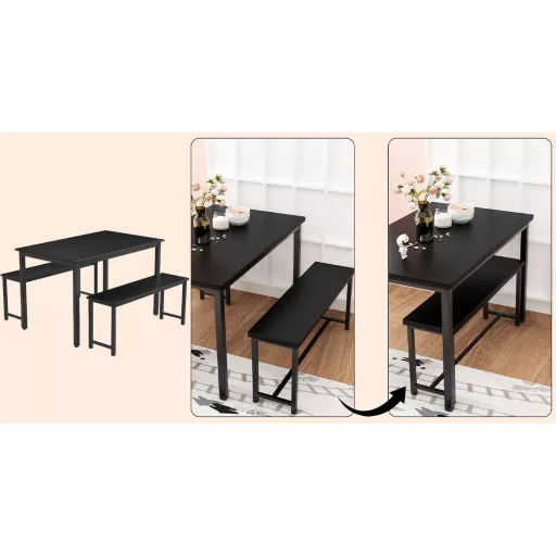 Set de dining cu cadru metalic, 3 piese, cu 2 bănci