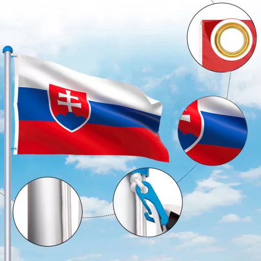 Stalp pentru steag, cu drapelul Slovaciei cu doua fete de 90x150 cm