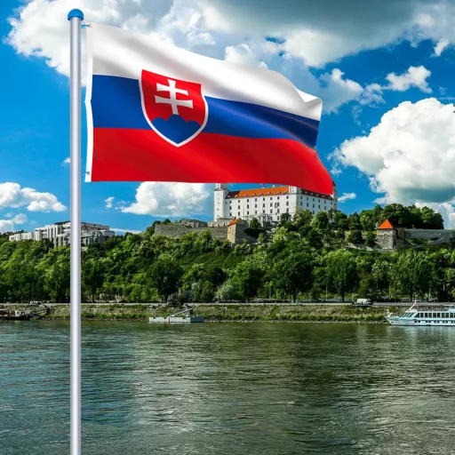 Stalp pentru steag, cu drapelul Slovaciei cu doua fete de 90x150 cm